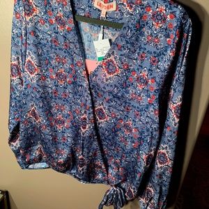 Silky blue floral blouse with tie waist